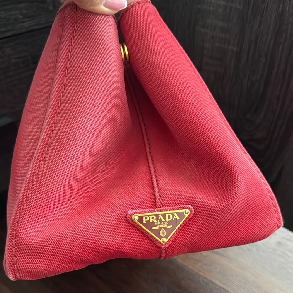 Prada Canapa Pre Owned Red Tote Canvas Bag Logo and Structured Design.Code 194/A - Picture 6 of 17